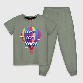 Детская пижама хлопок с принтом Воздушный шар в Новосибирске, 100% хлопок |  брюки и футболка прямого кроя, без карманов, на брюках мягкая резинка на поясе и по низу штанин
 | believe | dream | love | вектор | воздушный шар | облака | разноцветный | синий шрифт