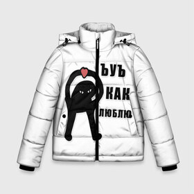 Зимняя куртка для мальчиков 3D с принтом ъуъ как люблю в Новосибирске, ткань верха — 100% полиэстер; подклад — 100% полиэстер, утеплитель — 100% полиэстер | длина ниже бедра, удлиненная спинка, воротник стойка и отстегивающийся капюшон. Есть боковые карманы с листочкой на кнопках, утяжки по низу изделия и внутренний карман на молнии. 

Предусмотрены светоотражающий принт на спинке, радужный светоотражающий элемент на пуллере молнии и на резинке для утяжки | люблю | мем | прикол | ъуъ | ъуъ котик