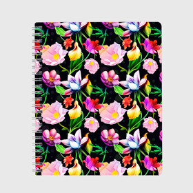 Тетрадь с принтом Разноцветие в Новосибирске, 100% бумага | 48 листов, плотность листов — 60 г/м2, плотность картонной обложки — 250 г/м2. Листы скреплены сбоку удобной пружинной спиралью. Уголки страниц и обложки скругленные. Цвет линий — светло-серый
 | Тематика изображения на принте: fashion | flower pattern | бабочки | девушкам | зелень | лепестки | лето | листья | маки | марта | нежные | паттерн | пионы | подарок | природа | растения | ромашки | тропики | тропические | узоры | цветочки