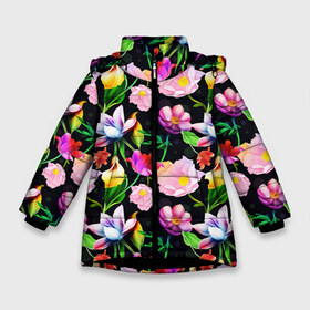Зимняя куртка для девочек 3D с принтом Разноцветие в Новосибирске, ткань верха — 100% полиэстер; подклад — 100% полиэстер, утеплитель — 100% полиэстер. | длина ниже бедра, удлиненная спинка, воротник стойка и отстегивающийся капюшон. Есть боковые карманы с листочкой на кнопках, утяжки по низу изделия и внутренний карман на молнии. 

Предусмотрены светоотражающий принт на спинке, радужный светоотражающий элемент на пуллере молнии и на резинке для утяжки. | Тематика изображения на принте: fashion | flower pattern | бабочки | девушкам | зелень | лепестки | лето | листья | маки | марта | нежные | паттерн | пионы | подарок | природа | растения | ромашки | тропики | тропические | узоры | цветочки