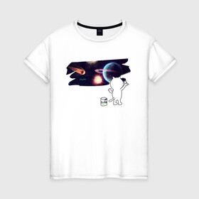 Женская футболка хлопок с принтом Котик рисует космос в Новосибирске, 100% хлопок | прямой крой, круглый вырез горловины, длина до линии бедер, слегка спущенное плечо | cat | cosmos | space | stars | universe | звезды | кисть | космос | кот | котейка | котик | котэ | кошка | краска | метеорит | планеты