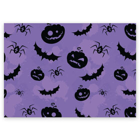Поздравительная открытка с принтом Фиолетовый хэллоуин в Новосибирске, 100% бумага | плотность бумаги 280 г/м2, матовая, на обратной стороне линовка и место для марки
 | арт | вектор | вырезанные лица | летучая мышь | летучие мыши | паук | пауки | рисунок | тыква | тыквы | фиолетовый | черный