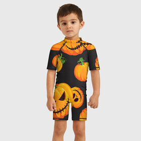 Детский купальный костюм 3D с принтом Весёлые тыквы в Новосибирске, Полиэстер 85%, Спандекс 15% | застежка на молнии на спине | арт | вырезанные лица | морды | оранжевый | рисунок | страшилки | страшно | тыквы | ужас | чёрный