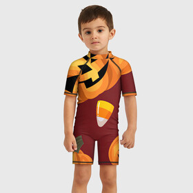 Детский купальный костюм 3D с принтом Сладкие хэллоуин в Новосибирске, Полиэстер 85%, Спандекс 15% | застежка на молнии на спине | арт | бардовый | красный | оранжевый | рисунок | сладости | сладость | тыква | тыквы
