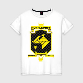 Женская футболка хлопок с принтом Hufflepuff в Новосибирске, 100% хлопок | прямой крой, круглый вырез горловины, длина до линии бедер, слегка спущенное плечо | harry potter | hufflepuff | vdzabma | гарри поттер | пуффендуй | хаффлпафф