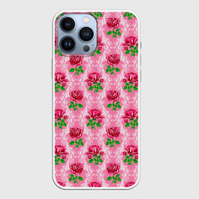 Чехол для iPhone 13 Pro Max с принтом Декор из нежных роз в Новосибирске,  |  | fashion | flower pattern | girl | pink | roses | винтаж | винтажные | девушкам | зелень | лепестки | лето | листья | марта | нежные | пастельные | паттерн | пионы | подарок | природа | растения | ретро | роза | розы | узор