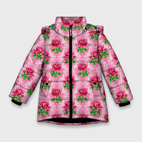 Зимняя куртка для девочек 3D с принтом Декор из нежных роз в Новосибирске, ткань верха — 100% полиэстер; подклад — 100% полиэстер, утеплитель — 100% полиэстер. | длина ниже бедра, удлиненная спинка, воротник стойка и отстегивающийся капюшон. Есть боковые карманы с листочкой на кнопках, утяжки по низу изделия и внутренний карман на молнии. 

Предусмотрены светоотражающий принт на спинке, радужный светоотражающий элемент на пуллере молнии и на резинке для утяжки. | Тематика изображения на принте: fashion | flower pattern | girl | pink | roses | винтаж | винтажные | девушкам | зелень | лепестки | лето | листья | марта | нежные | пастельные | паттерн | пионы | подарок | природа | растения | ретро | роза | розы | узор