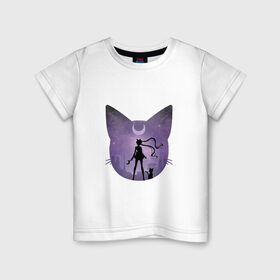 Детская футболка хлопок с принтом Лунный воен в Новосибирске, 100% хлопок | круглый вырез горловины, полуприлегающий силуэт, длина до линии бедер | арт | девушка | кот | кошка | луна | нео королева серенити | ночь | перевёрнутая луна | рисунок | сейлор мун | силуэт | усаги цукино | фиолетовый
