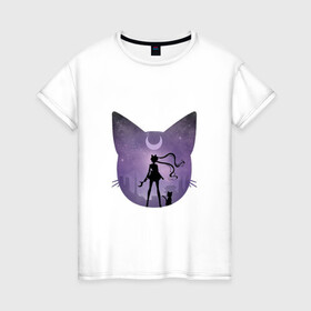 Женская футболка хлопок с принтом Лунный воен в Новосибирске, 100% хлопок | прямой крой, круглый вырез горловины, длина до линии бедер, слегка спущенное плечо | арт | девушка | кот | кошка | луна | нео королева серенити | ночь | перевёрнутая луна | рисунок | сейлор мун | силуэт | усаги цукино | фиолетовый