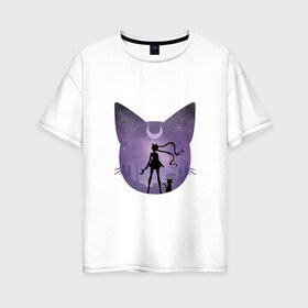Женская футболка хлопок Oversize с принтом Лунный воен в Новосибирске, 100% хлопок | свободный крой, круглый ворот, спущенный рукав, длина до линии бедер
 | арт | девушка | кот | кошка | луна | нео королева серенити | ночь | перевёрнутая луна | рисунок | сейлор мун | силуэт | усаги цукино | фиолетовый
