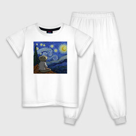 Детская пижама хлопок с принтом Винсент Вангог в Новосибирске, 100% хлопок |  брюки и футболка прямого кроя, без карманов, на брюках мягкая резинка на поясе и по низу штанин
 | арт | винсент вангог | дождь | ночь | романтика | художник