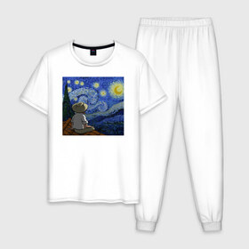 Мужская пижама хлопок с принтом Винсент Вангог в Новосибирске, 100% хлопок | брюки и футболка прямого кроя, без карманов, на брюках мягкая резинка на поясе и по низу штанин
 | арт | винсент вангог | дождь | ночь | романтика | художник