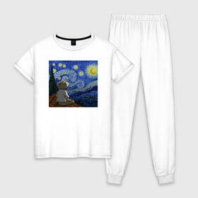 Женская пижама хлопок с принтом Винсент Вангог в Новосибирске, 100% хлопок | брюки и футболка прямого кроя, без карманов, на брюках мягкая резинка на поясе и по низу штанин | арт | винсент вангог | дождь | ночь | романтика | художник