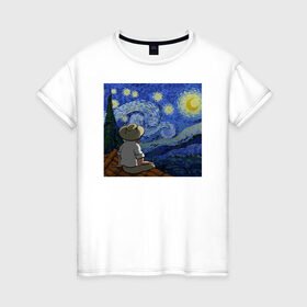 Женская футболка хлопок с принтом Винсент Вангог в Новосибирске, 100% хлопок | прямой крой, круглый вырез горловины, длина до линии бедер, слегка спущенное плечо | арт | винсент вангог | дождь | ночь | романтика | художник