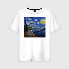 Женская футболка хлопок Oversize с принтом Винсент Вангог в Новосибирске, 100% хлопок | свободный крой, круглый ворот, спущенный рукав, длина до линии бедер
 | арт | винсент вангог | дождь | ночь | романтика | художник