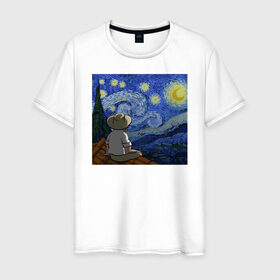Мужская футболка хлопок с принтом Винсент Вангог в Новосибирске, 100% хлопок | прямой крой, круглый вырез горловины, длина до линии бедер, слегка спущенное плечо. | арт | винсент вангог | дождь | ночь | романтика | художник