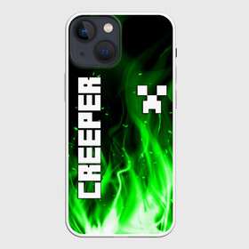 Чехол для iPhone 13 mini с принтом MINECRAFT CREEPER в Новосибирске,  |  | creeper | game | minecraft | блоки | игра | квадраты | компьютерная | крипер | криппер | майнкрафт | огонь