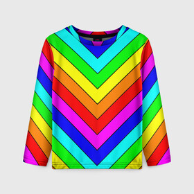 Детский лонгслив 3D с принтом Rainbow Stripes в Новосибирске, 100% полиэстер | длинные рукава, круглый вырез горловины, полуприлегающий силуэт
 | Тематика изображения на принте: geometry | gradient | neon | геометрические | градиент | детям | кислота | кислотный | конус | красочный | линии | неоновые | пирамида | полоска | полосы | радуга | радужный | разноцветные | сочный | треугольники