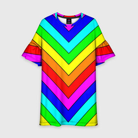 Детское платье 3D с принтом Rainbow Stripes в Новосибирске, 100% полиэстер | прямой силуэт, чуть расширенный к низу. Круглая горловина, на рукавах — воланы | geometry | gradient | neon | геометрические | градиент | детям | кислота | кислотный | конус | красочный | линии | неоновые | пирамида | полоска | полосы | радуга | радужный | разноцветные | сочный | треугольники