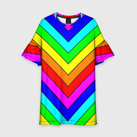 Детское платье 3D с принтом Rainbow Stripes в Новосибирске, 100% полиэстер | прямой силуэт, чуть расширенный к низу. Круглая горловина, на рукавах — воланы | Тематика изображения на принте: geometry | gradient | neon | геометрические | градиент | детям | кислота | кислотный | конус | красочный | линии | неоновые | пирамида | полоска | полосы | радуга | радужный | разноцветные | сочный | треугольники