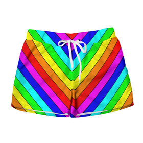 Женские шорты 3D с принтом Rainbow Stripes в Новосибирске, 100% полиэстер | прямой крой, два кармана без застежек по бокам. Мягкая трикотажная резинка на поясе, внутри которой широкие завязки. Длина до середины бедра | geometry | gradient | neon | геометрические | градиент | детям | кислота | кислотный | конус | красочный | линии | неоновые | пирамида | полоска | полосы | радуга | радужный | разноцветные | сочный | треугольники