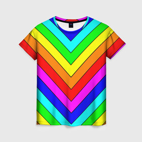 Женская футболка 3D с принтом Rainbow Stripes в Новосибирске, 100% полиэфир ( синтетическое хлопкоподобное полотно) | прямой крой, круглый вырез горловины, длина до линии бедер | geometry | gradient | neon | геометрические | градиент | детям | кислота | кислотный | конус | красочный | линии | неоновые | пирамида | полоска | полосы | радуга | радужный | разноцветные | сочный | треугольники