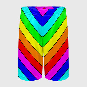Детские спортивные шорты 3D с принтом Rainbow Stripes в Новосибирске,  100% полиэстер
 | пояс оформлен широкой мягкой резинкой, ткань тянется
 | Тематика изображения на принте: geometry | gradient | neon | геометрические | градиент | детям | кислота | кислотный | конус | красочный | линии | неоновые | пирамида | полоска | полосы | радуга | радужный | разноцветные | сочный | треугольники