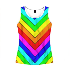 Женская майка 3D с принтом Rainbow Stripes в Новосибирске, 100% полиэстер | круглая горловина, прямой силуэт, длина до линии бедра | geometry | gradient | neon | геометрические | градиент | детям | кислота | кислотный | конус | красочный | линии | неоновые | пирамида | полоска | полосы | радуга | радужный | разноцветные | сочный | треугольники
