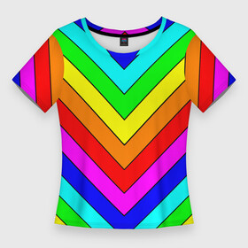 Женская футболка 3D Slim с принтом Rainbow Stripes в Новосибирске,  |  | geometry | gradient | neon | геометрические | градиент | детям | кислота | кислотный | конус | красочный | линии | неоновые | пирамида | полоска | полосы | радуга | радужный | разноцветные | сочный | треугольники