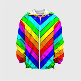 Детская куртка 3D с принтом Rainbow Stripes в Новосибирске, 100% полиэстер | застежка — молния, подол и капюшон оформлены резинкой с фиксаторами, по бокам — два кармана без застежек, один потайной карман на груди, плотность верхнего слоя — 90 г/м2; плотность флисового подклада — 260 г/м2 | geometry | gradient | neon | геометрические | градиент | детям | кислота | кислотный | конус | красочный | линии | неоновые | пирамида | полоска | полосы | радуга | радужный | разноцветные | сочный | треугольники