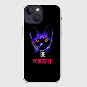 Чехол для iPhone 13 mini с принтом Кот в Новосибирске,  |  | be yourself | cat | будь собой | кот | котик | кошечка | питомец | чёрный кот