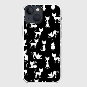 Чехол для iPhone 13 mini с принтом КОШКИ БЕЛОЕ НА ЧЕРНОМ в Новосибирске,  |  | cat | pussy | домашние | кис кис | коты | котэ | кошки | лапки | мяу | паттерн | усы | хвост | черно белое