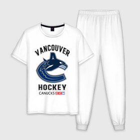 Мужская пижама хлопок с принтом VANCOUVER CANUCKS NHL в Новосибирске, 100% хлопок | брюки и футболка прямого кроя, без карманов, на брюках мягкая резинка на поясе и по низу штанин
 | Тематика изображения на принте: canada | canucks | hockey | nhl | sport | usa | vancouver | акула | ванкувер | канада | кэнакс | логотип | нхл | спорт | хоккей | челюсти