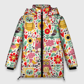 Женская зимняя куртка 3D с принтом Красочные совы и цветы в Новосибирске, верх — 100% полиэстер; подкладка — 100% полиэстер; утеплитель — 100% полиэстер | длина ниже бедра, силуэт Оверсайз. Есть воротник-стойка, отстегивающийся капюшон и ветрозащитная планка. 

Боковые карманы с листочкой на кнопках и внутренний карман на молнии | autumn | cute | flowers | spring | summer | весна | воробей | лепестки | лето | маки | милота | милые | облака | облачка | осень | поле | природа | птичка | птички | ромашки | сердечки | синица | синичка | сова | совушки