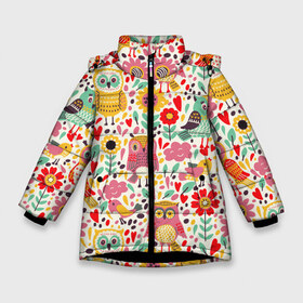 Зимняя куртка для девочек 3D с принтом Красочные совы и цветы в Новосибирске, ткань верха — 100% полиэстер; подклад — 100% полиэстер, утеплитель — 100% полиэстер. | длина ниже бедра, удлиненная спинка, воротник стойка и отстегивающийся капюшон. Есть боковые карманы с листочкой на кнопках, утяжки по низу изделия и внутренний карман на молнии. 

Предусмотрены светоотражающий принт на спинке, радужный светоотражающий элемент на пуллере молнии и на резинке для утяжки. | autumn | cute | flowers | spring | summer | весна | воробей | лепестки | лето | маки | милота | милые | облака | облачка | осень | поле | природа | птичка | птички | ромашки | сердечки | синица | синичка | сова | совушки