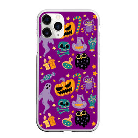 Чехол для iPhone 11 Pro матовый с принтом Happy Halloween в Новосибирске, Силикон |  | bones | candle | candy | fangs | flask | ghost | hand | hat | jaw | owl | pumpkin | skull | star | звезда | клыки | колба | конфета | кости | пасть | призрак | рука | свеча | сова | череп | шляпа