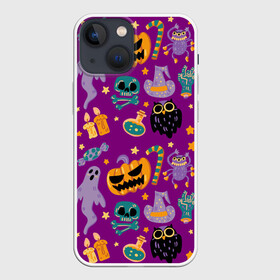 Чехол для iPhone 13 mini с принтом Happy Halloween в Новосибирске,  |  | bones | candle | candy | fangs | flask | ghost | hand | hat | jaw | owl | pumpkin | skull | star | звезда | клыки | колба | конфета | кости | пасть | призрак | рука | свеча | сова | череп | шляпа