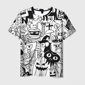 Мужская футболка 3D с принтом Halloween в Новосибирске, 100% полиэфир | прямой крой, круглый вырез горловины, длина до линии бедер | fanfs | halloween | jaw | mummy | pumpkin | skull | tomb | клыки | могила | мумия | пасть | тыква | хэллоуин | череп