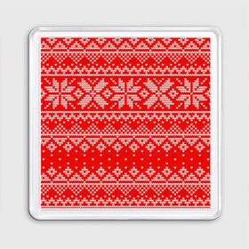 Магнит 55*55 с принтом Красный зимний орнамент в Новосибирске, Пластик | Размер: 65*65 мм; Размер печати: 55*55 мм | geometry | new year | pattern | retro | snow | winter | аляска | вязаный | геометрия | девяностые | дед мороз | зима | ковер | новогодние | новый год | олени | паттерн | подарок | ретро | рождество | свитер | снег | снеговик