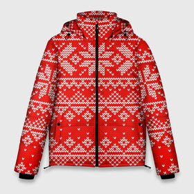 Мужская зимняя куртка 3D с принтом Красный зимний орнамент в Новосибирске, верх — 100% полиэстер; подкладка — 100% полиэстер; утеплитель — 100% полиэстер | длина ниже бедра, свободный силуэт Оверсайз. Есть воротник-стойка, отстегивающийся капюшон и ветрозащитная планка. 

Боковые карманы с листочкой на кнопках и внутренний карман на молнии. | Тематика изображения на принте: geometry | new year | pattern | retro | snow | winter | аляска | вязаный | геометрия | девяностые | дед мороз | зима | ковер | новогодние | новый год | олени | паттерн | подарок | ретро | рождество | свитер | снег | снеговик
