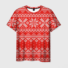Мужская футболка 3D с принтом Красный зимний орнамент в Новосибирске, 100% полиэфир | прямой крой, круглый вырез горловины, длина до линии бедер | geometry | new year | pattern | retro | snow | winter | аляска | вязаный | геометрия | девяностые | дед мороз | зима | ковер | новогодние | новый год | олени | паттерн | подарок | ретро | рождество | свитер | снег | снеговик