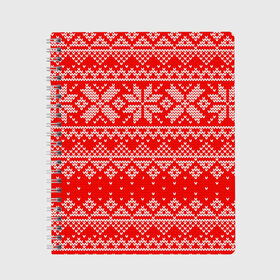 Тетрадь с принтом Красный зимний орнамент в Новосибирске, 100% бумага | 48 листов, плотность листов — 60 г/м2, плотность картонной обложки — 250 г/м2. Листы скреплены сбоку удобной пружинной спиралью. Уголки страниц и обложки скругленные. Цвет линий — светло-серый
 | Тематика изображения на принте: geometry | new year | pattern | retro | snow | winter | аляска | вязаный | геометрия | девяностые | дед мороз | зима | ковер | новогодние | новый год | олени | паттерн | подарок | ретро | рождество | свитер | снег | снеговик