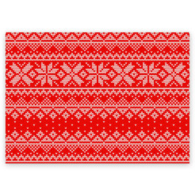 Поздравительная открытка с принтом Красный зимний орнамент в Новосибирске, 100% бумага | плотность бумаги 280 г/м2, матовая, на обратной стороне линовка и место для марки
 | geometry | new year | pattern | retro | snow | winter | аляска | вязаный | геометрия | девяностые | дед мороз | зима | ковер | новогодние | новый год | олени | паттерн | подарок | ретро | рождество | свитер | снег | снеговик