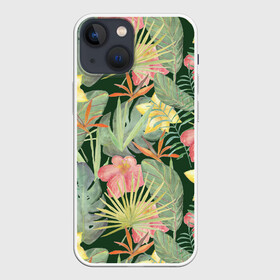 Чехол для iPhone 13 mini с принтом Тропические растения и цветы в Новосибирске,  |  | банан | желтый | зеленый | красный | листья | орхидея | пальма | плюмерия | стрелиция | тропики | цветы | экзотика