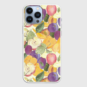 Чехол для iPhone 13 Pro Max с принтом Фрукты. Фруктовый сад в Новосибирске,  |  | Тематика изображения на принте: груша | желтый | лист | плод | половина | сад | слива | сочный | спелый | урожай | фиолетовый | фрукты | целое | яблоко