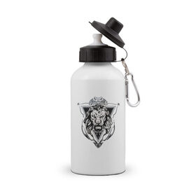 Бутылка спортивная с принтом lion,лев в Новосибирске, металл | емкость — 500 мл, в комплекте две пластиковые крышки и карабин для крепления | lion | артхаус | черное на белом