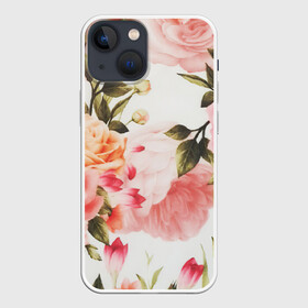 Чехол для iPhone 13 mini с принтом Нежный букет в Новосибирске,  |  | арт | белый | букет | букет роз | желтый | зеленый | крем | кремовый | нежно | рисунок | роза | розовая розы | розовые розы | розовый | розы