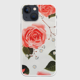 Чехол для iPhone 13 mini с принтом Нежные розы в Новосибирске,  |  | арт | белый | зеленый | красная роза | красные розы | красный | рисунок | роза | розовая роза | розовые розы | розовый | розы | цветок | цветы