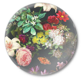 Значок с принтом Цветы в Новосибирске,  металл | круглая форма, металлическая застежка в виде булавки | арт | бабочка | бабочки | белая лилия | белый | желтый | зеленый | картина | краски | красный | лилии | лилия | рисунок | рисунок красками | роза | розовая роза | розовый | розы | тёмный | фиолетовый