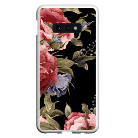 Чехол для Samsung S10E с принтом Цветы в Новосибирске, Силикон | Область печати: задняя сторона чехла, без боковых панелей | арт | бутон | бутоны | зеленый | картина | рисунок | рисунок красками | розовый | темный | фиолетовый | чёрный